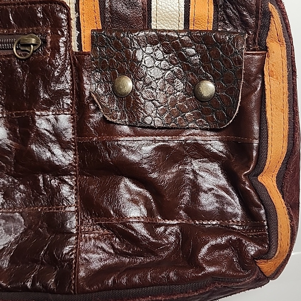 De. De Vintage Striped Brown and Orange Leather Women's XL Tote Bag - Picture 3 of 15